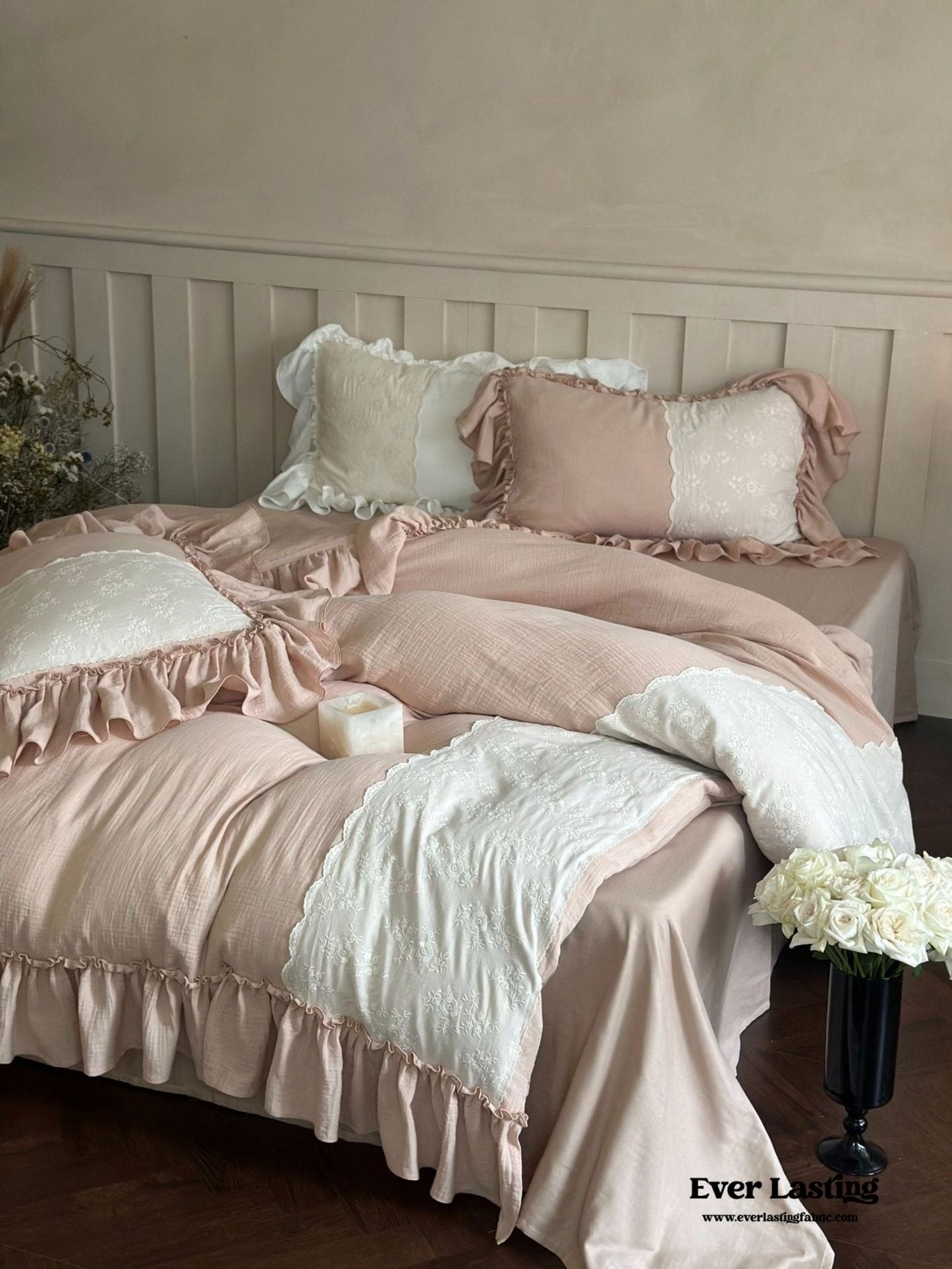 Celeste Soft Lace Embroidered Ruffle Bedding Set  / Coffee Brown