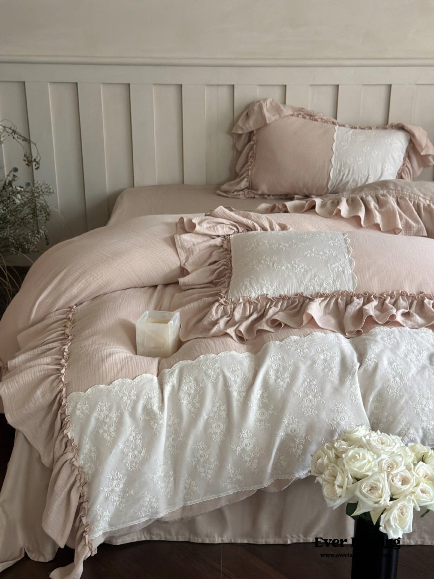 Celeste Soft Lace Embroidered Ruffle Bedding Set  / Coffee Brown