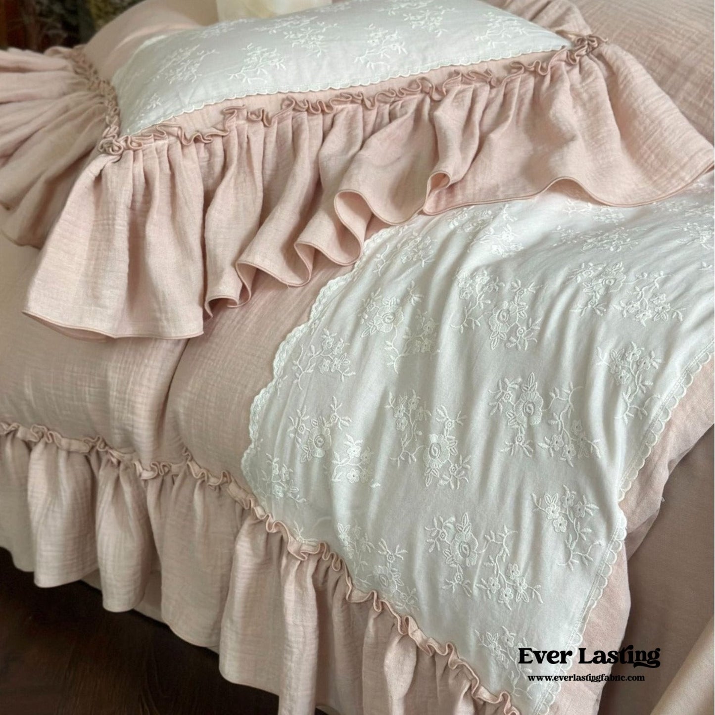Celeste Soft Lace Embroidered Ruffle Bedding Set  / Coffee Brown