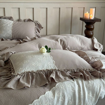 Celeste Soft Lace Embroidered Ruffle Bedding Set  / Olive Green