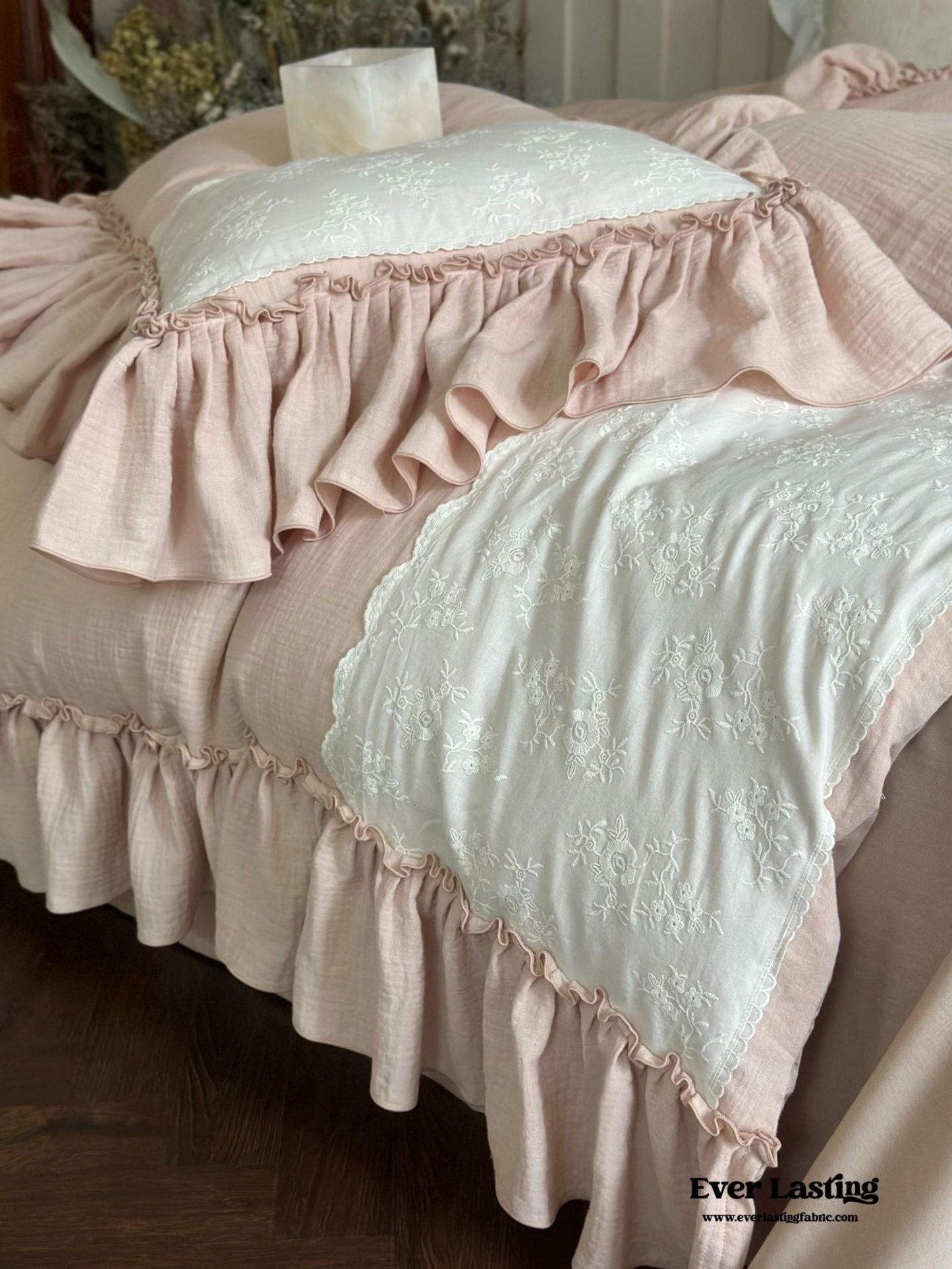 Celeste Soft Lace Embroidered Ruffle Bedding Set  / Olive Green