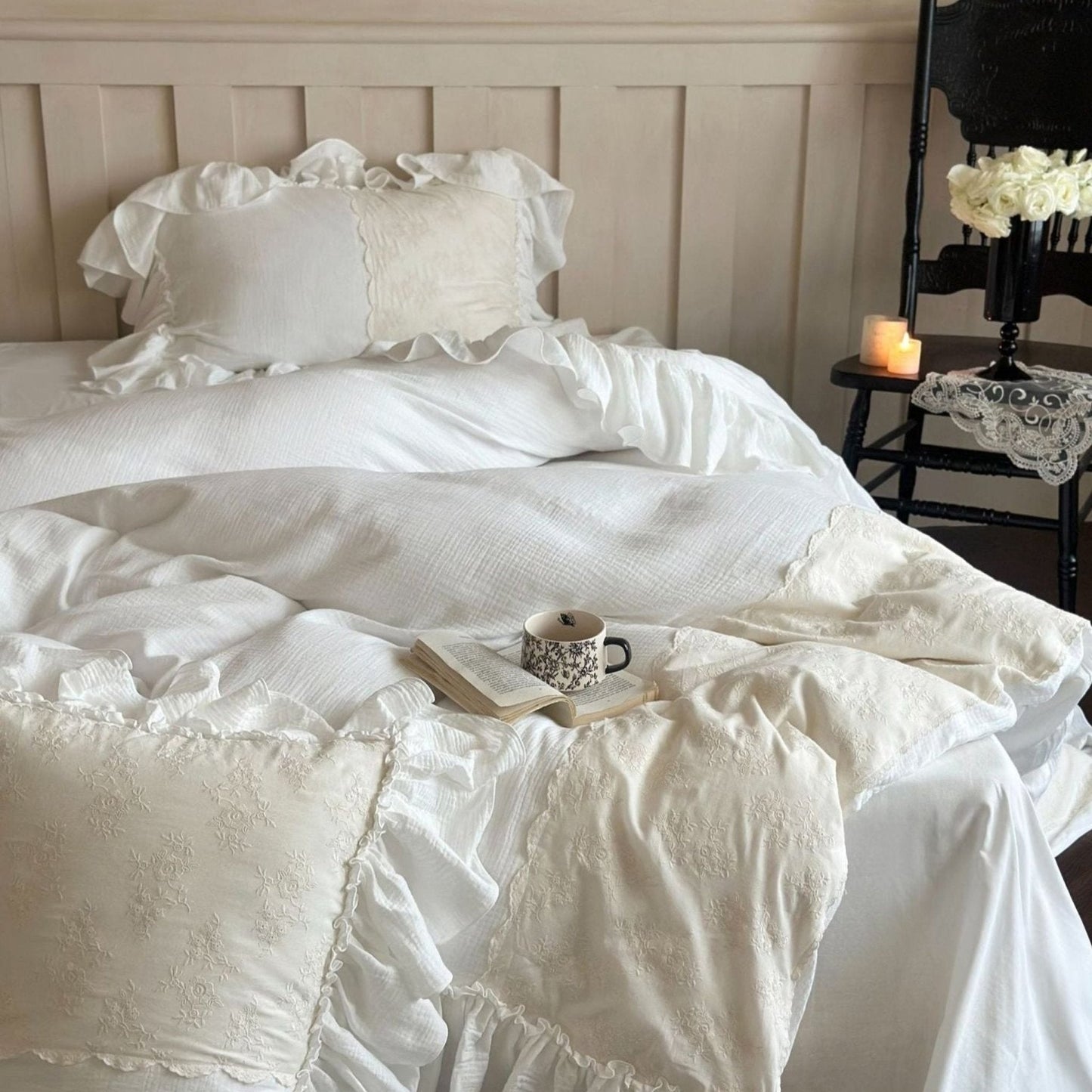 Celeste Soft Lace Embroidered Ruffle Bedding Set  / Olive Green