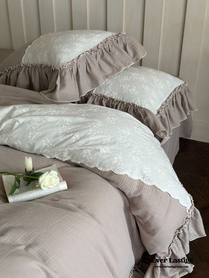 Celeste Soft Lace Embroidered Ruffle Bedding Set  / Olive Green