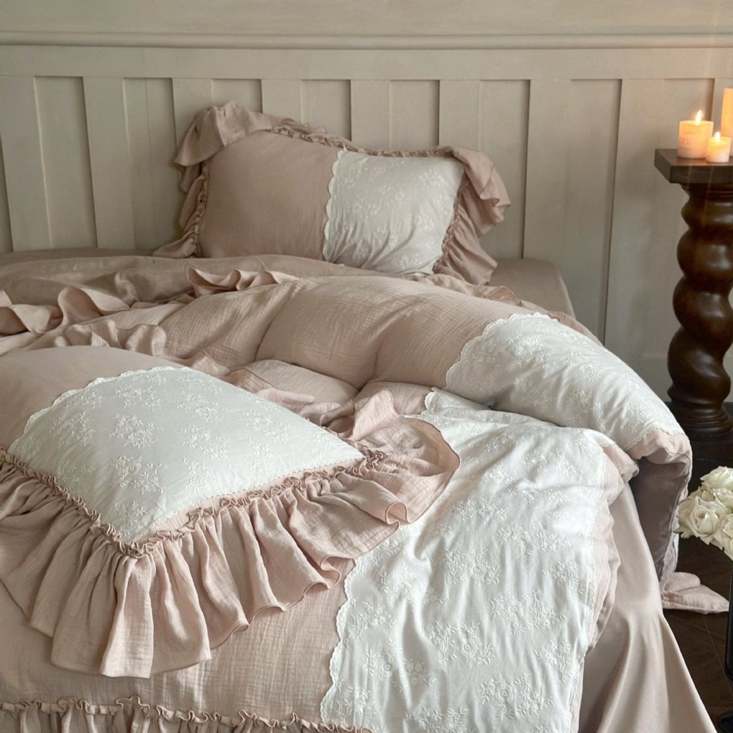 Celeste Soft Lace Embroidered Ruffle Bedding Set  / Olive Green
