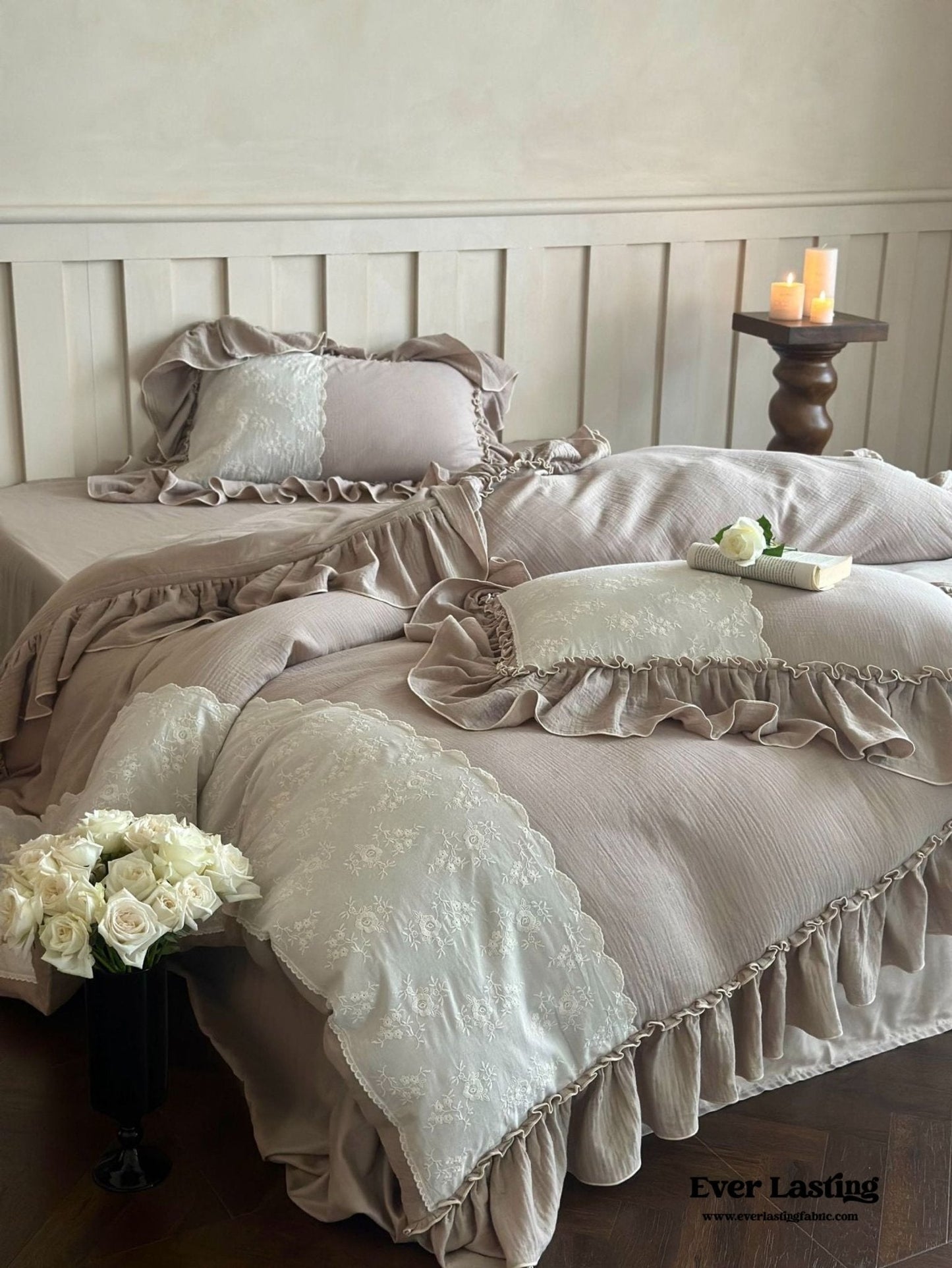 Celeste Soft Lace Embroidered Ruffle Bedding Set  / Olive Green