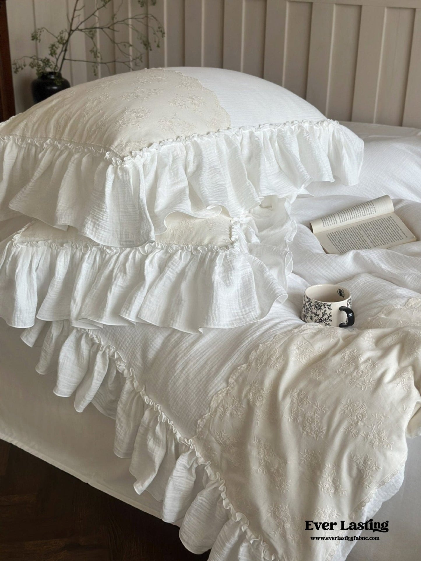 Celeste Soft Lace Embroidered Ruffle Bedding Set  / Olive Green