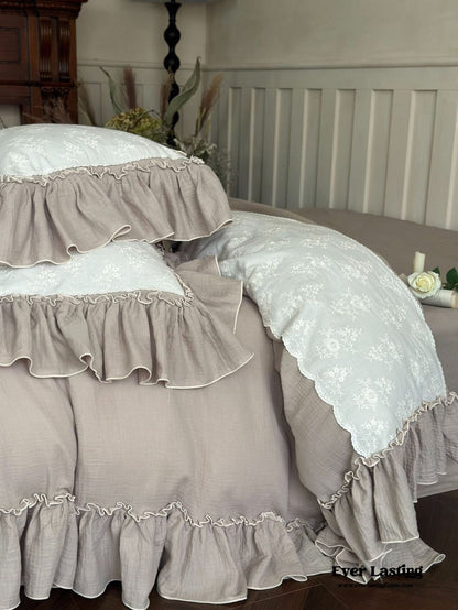 Celeste Soft Lace Embroidered Ruffle Bedding Set  / Olive Green