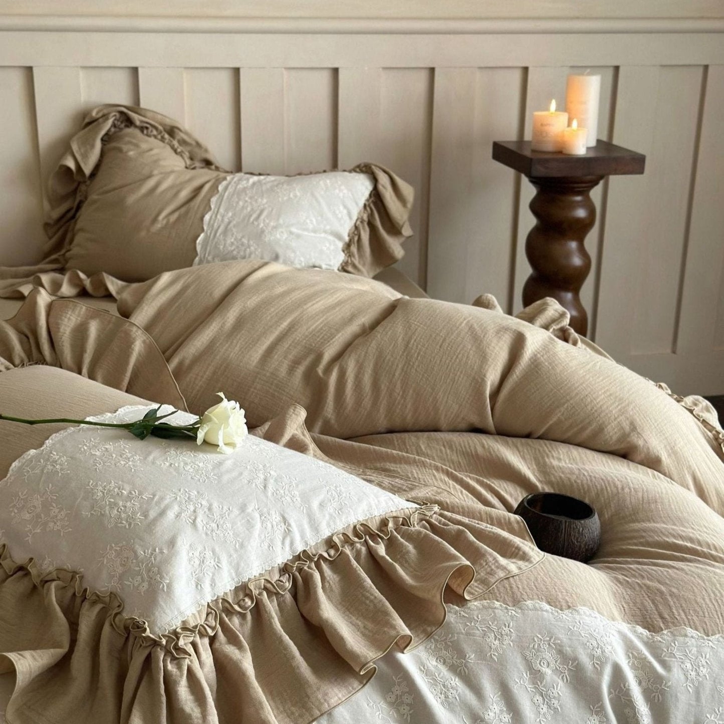 Celeste Soft Lace Embroidered Ruffle Bedding Set  / Olive Green