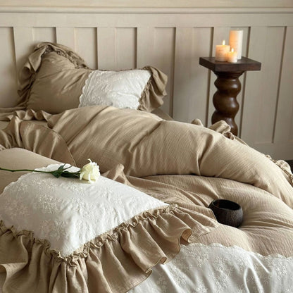 Celeste Soft Lace Embroidered Ruffle Bedding Set  / Olive Green