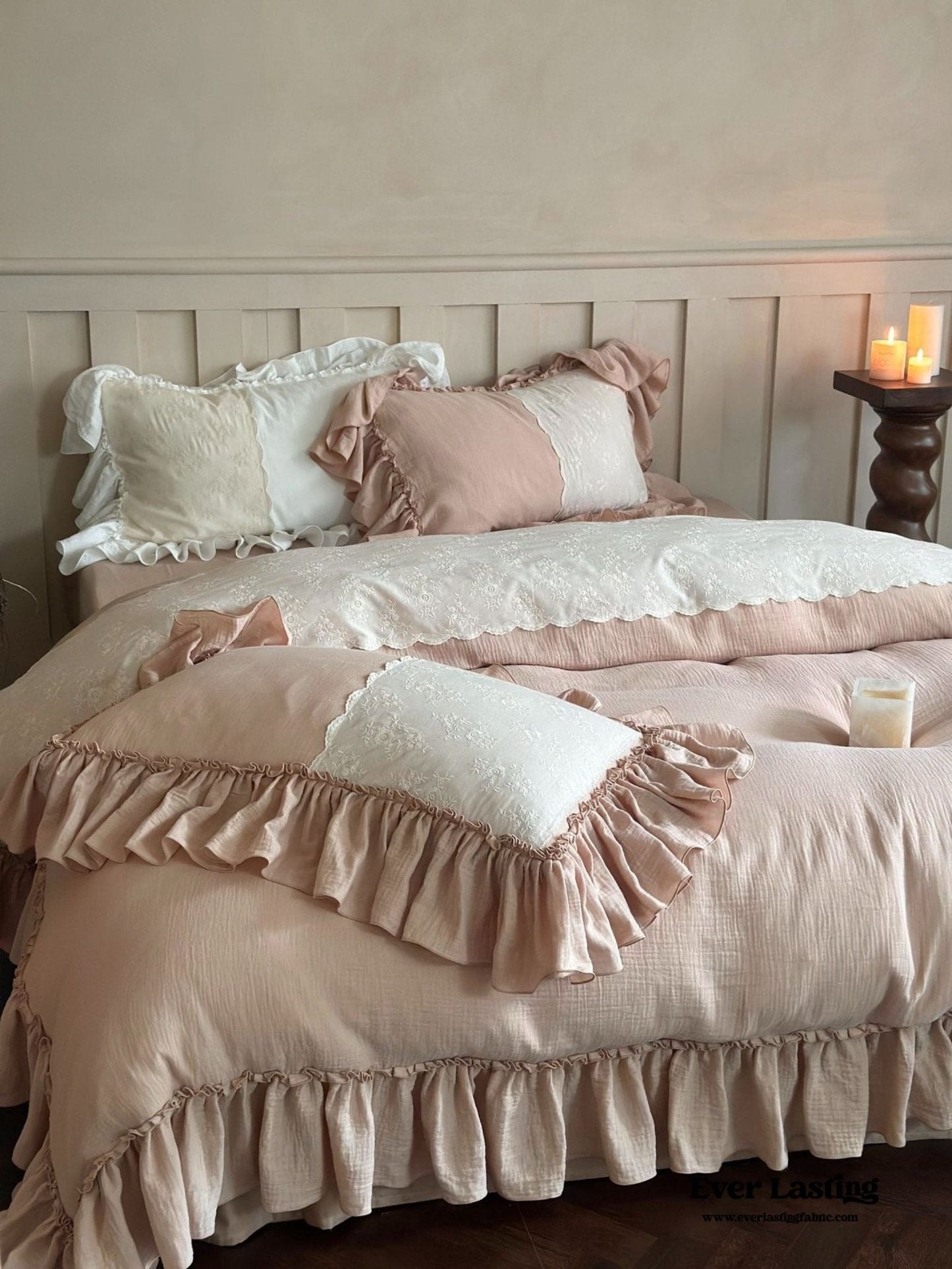 Celeste Soft Lace Embroidered Ruffle Bedding Set / White