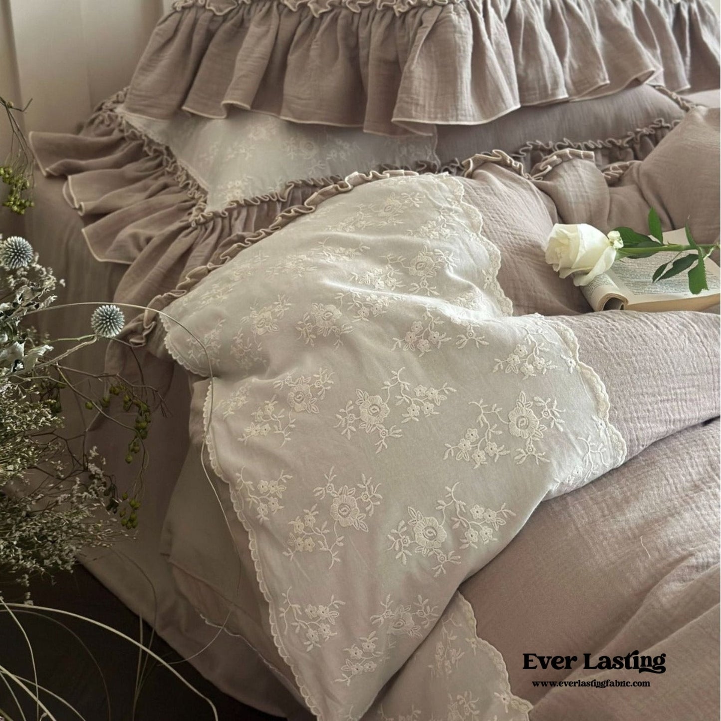 Celeste Soft Lace Embroidered Ruffle Bedding Set / White