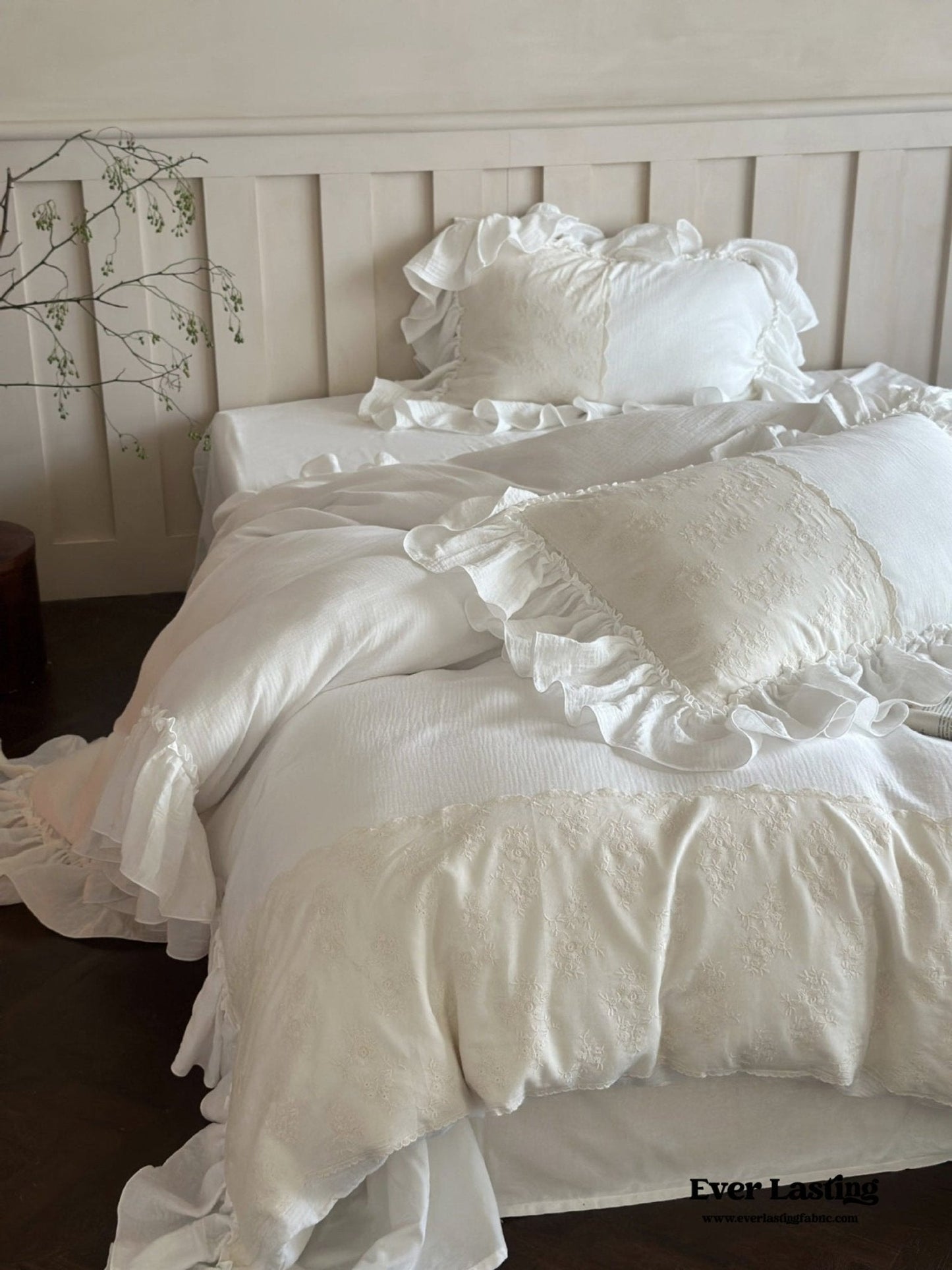 Celeste Soft Lace Embroidered Ruffle Bedding Set / White