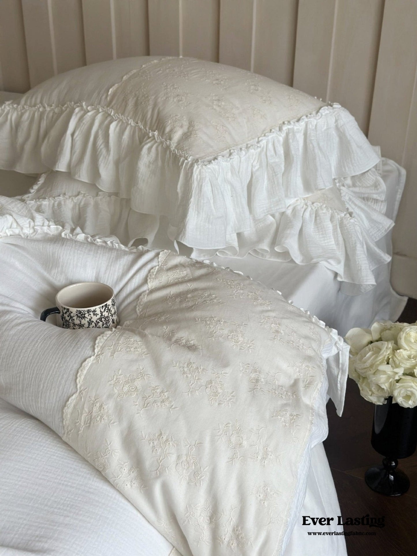 Celeste Soft Lace Embroidered Ruffle Bedding Set / White