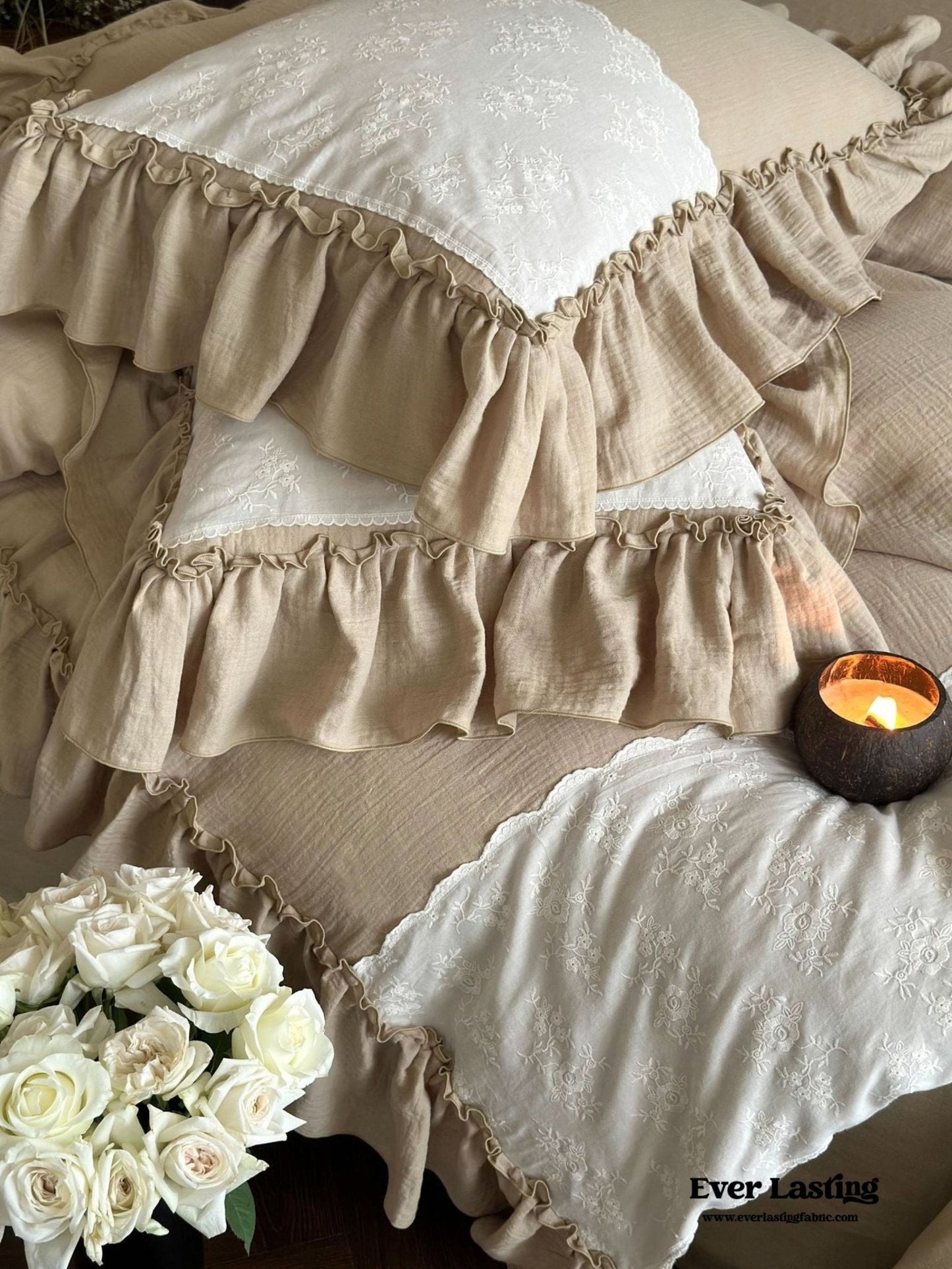 Celeste Soft Lace Embroidered Ruffle Bedding Set / White