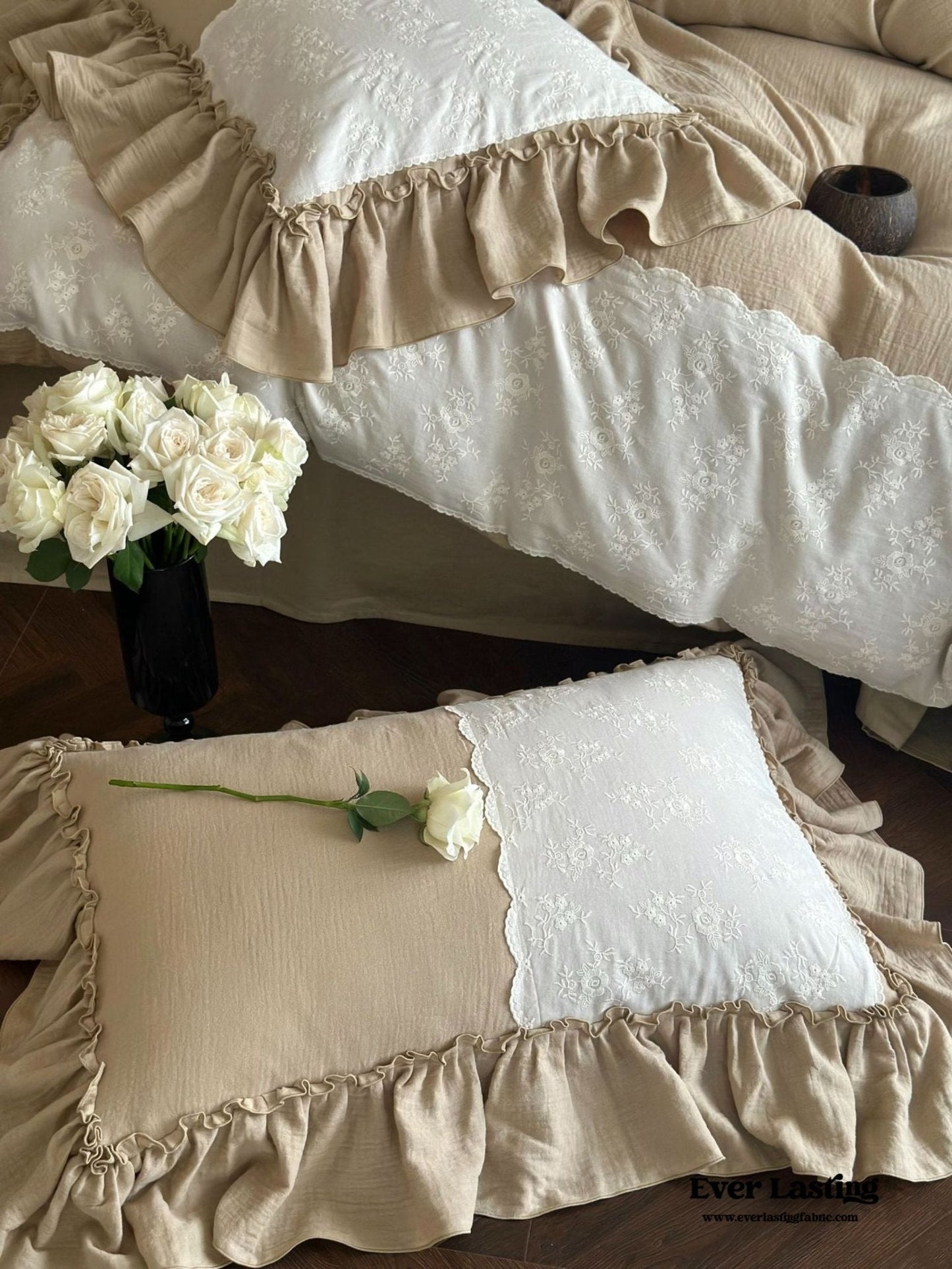 Celeste Soft Lace Embroidered Ruffle Bedding Set / White