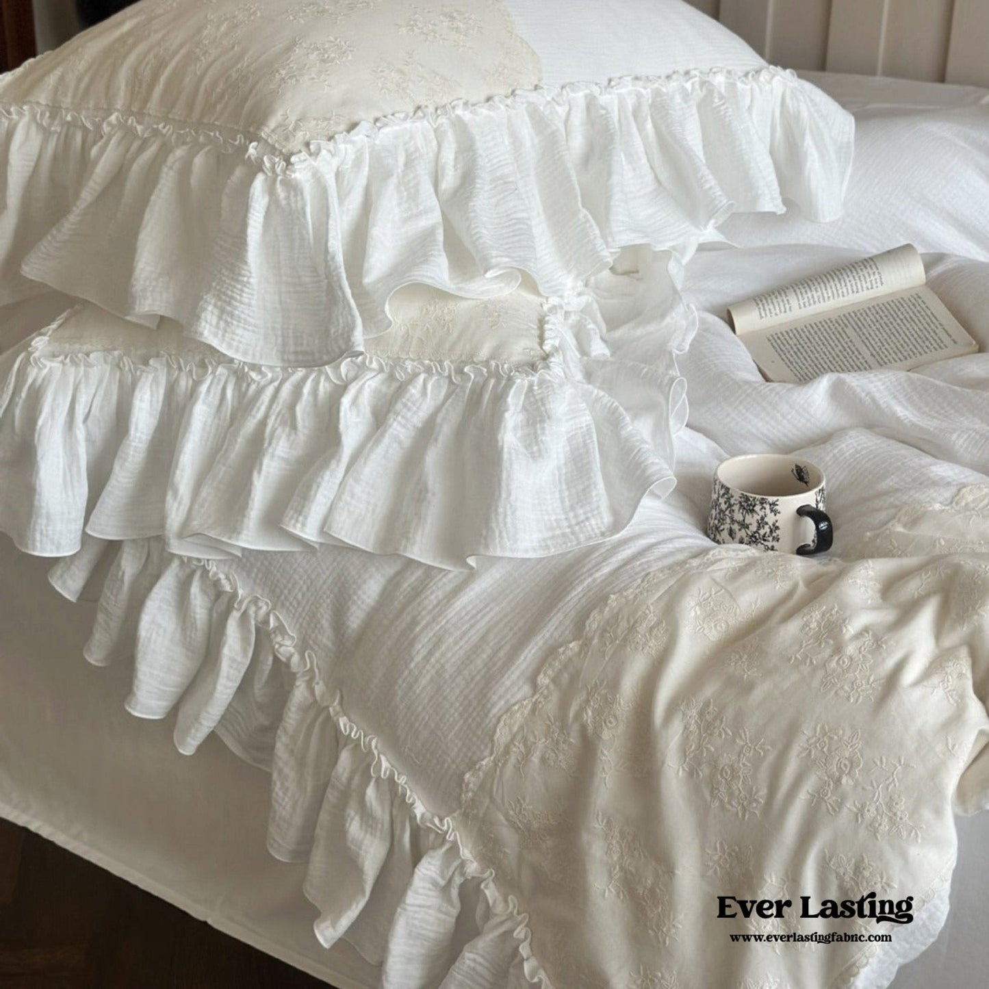 Celeste Soft Lace Embroidered Ruffle Bedding Set / White