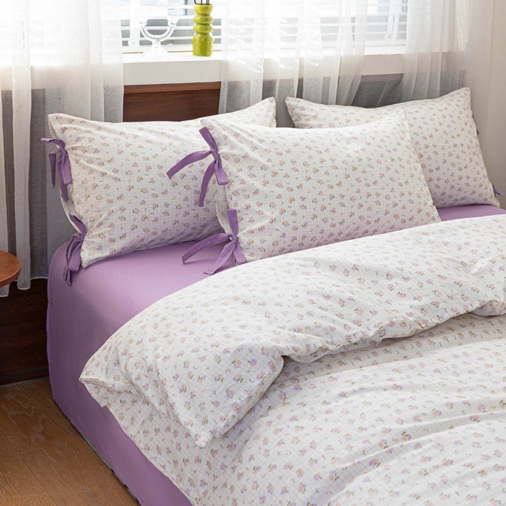 Celia Cottage Ribbon Bow Tie Floral Bedding Set / Purple