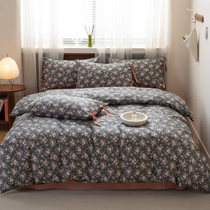 Celia Cottage Ribbon Bow Tie Floral Bedding Set / Purple