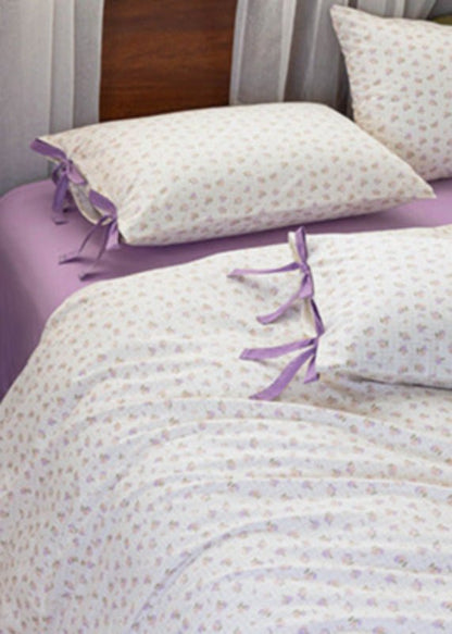 Celia Cottage Ribbon Bow Tie Floral Bedding Set / Purple