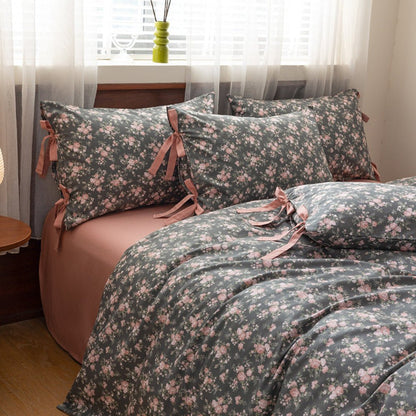 Celia Cottage Ribbon Bow Tie Floral Bedding Set / Pink