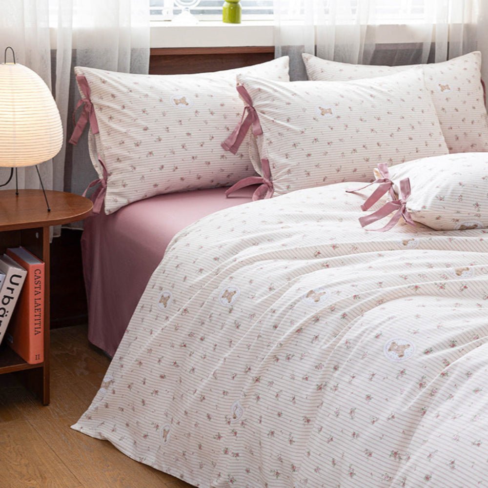 Celia Cottage Ribbon Bow Tie Floral Bedding Set / Blue