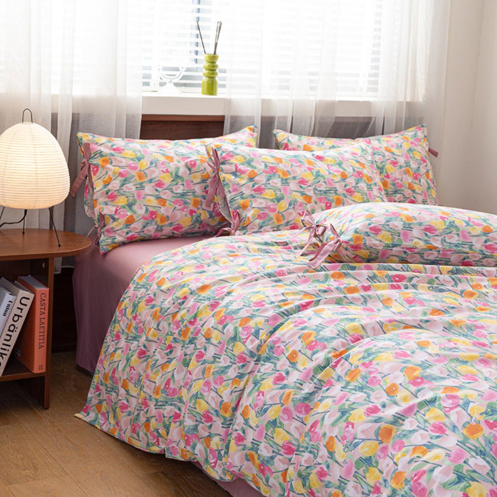 Celia Cottage Ribbon Bow Tie Floral Bedding Set / Pink