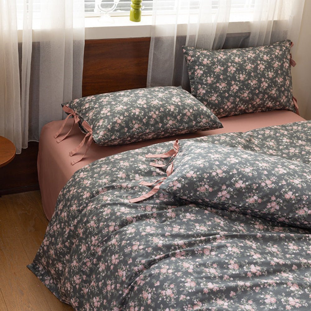 Celia Cottage Ribbon Bow Tie Floral Bedding Set / Pink
