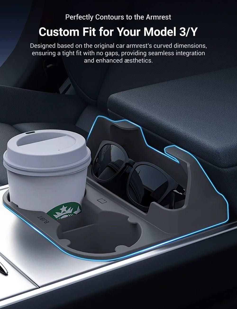 Center Console Cup Holder with Storage for Model 3/Y | Food-Grade Silicone | 2-Slot