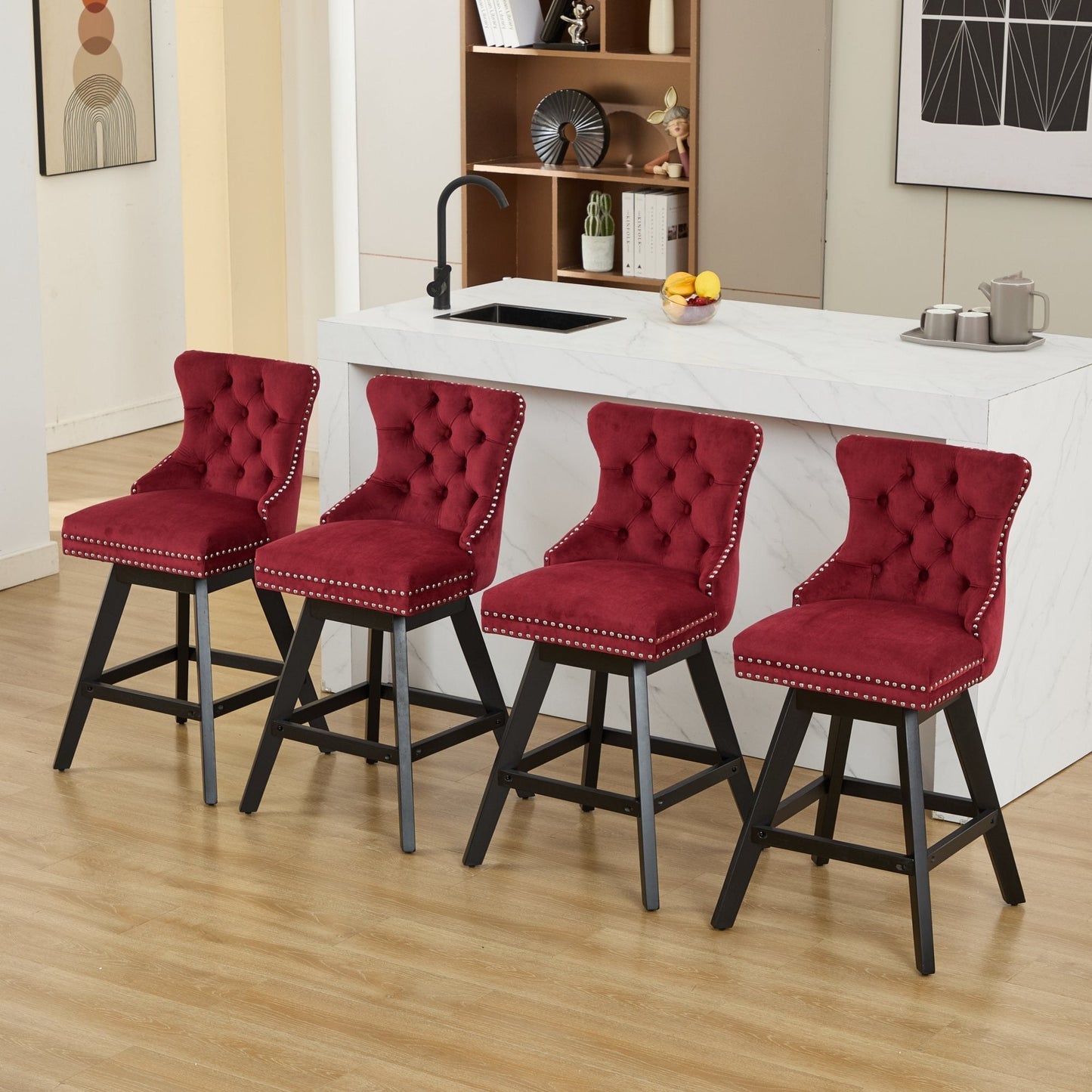 Swivel Velvet Barstools with Button Tufted Decoration - Set of 2 (Wine Red)