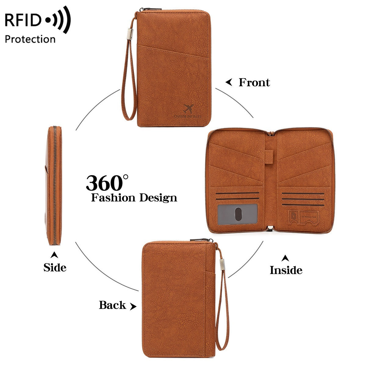 Cross-border RFID-blocking Passport Holder Long-style Zippered Passport Case Multi-functional Travel Document And Ticket Organizer