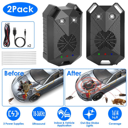 2 Pack Under Hood Ultrasonic Rodent Repeller Rodent Control Deterrent Chaser Blocker for Vehicle Indoor with Strobe Light 3 Power Supplies