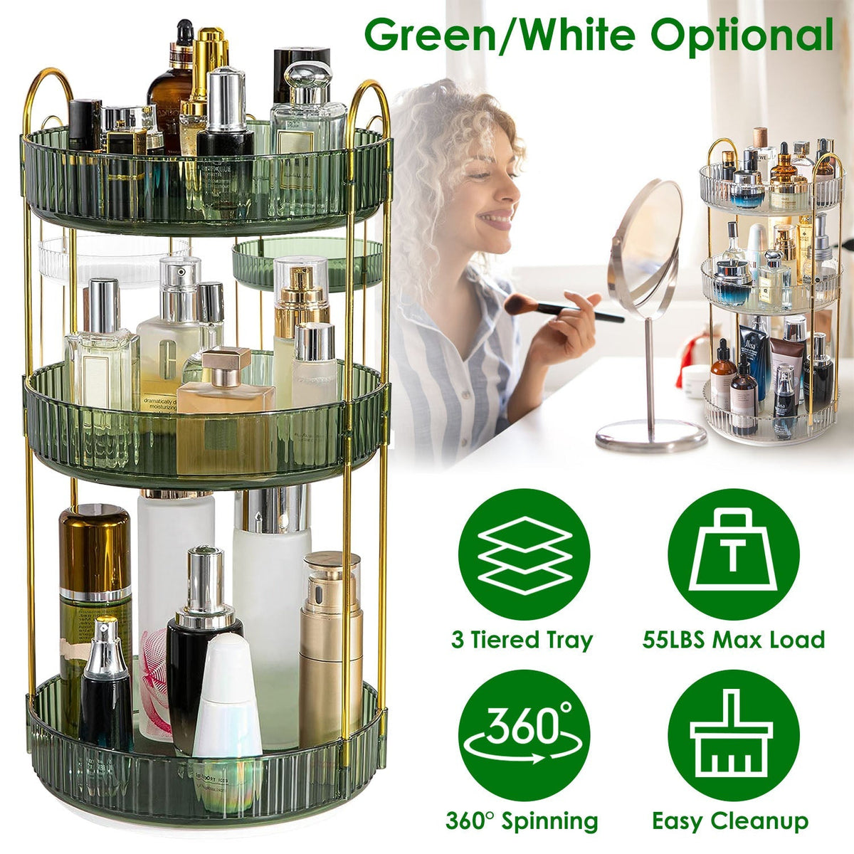 3 Tier Rotating Makeup Organizer 360¡ Spinning Perfume Cosmetic Storage Tray 55LBS Load Countertop Shelves for Lotion Lipstick