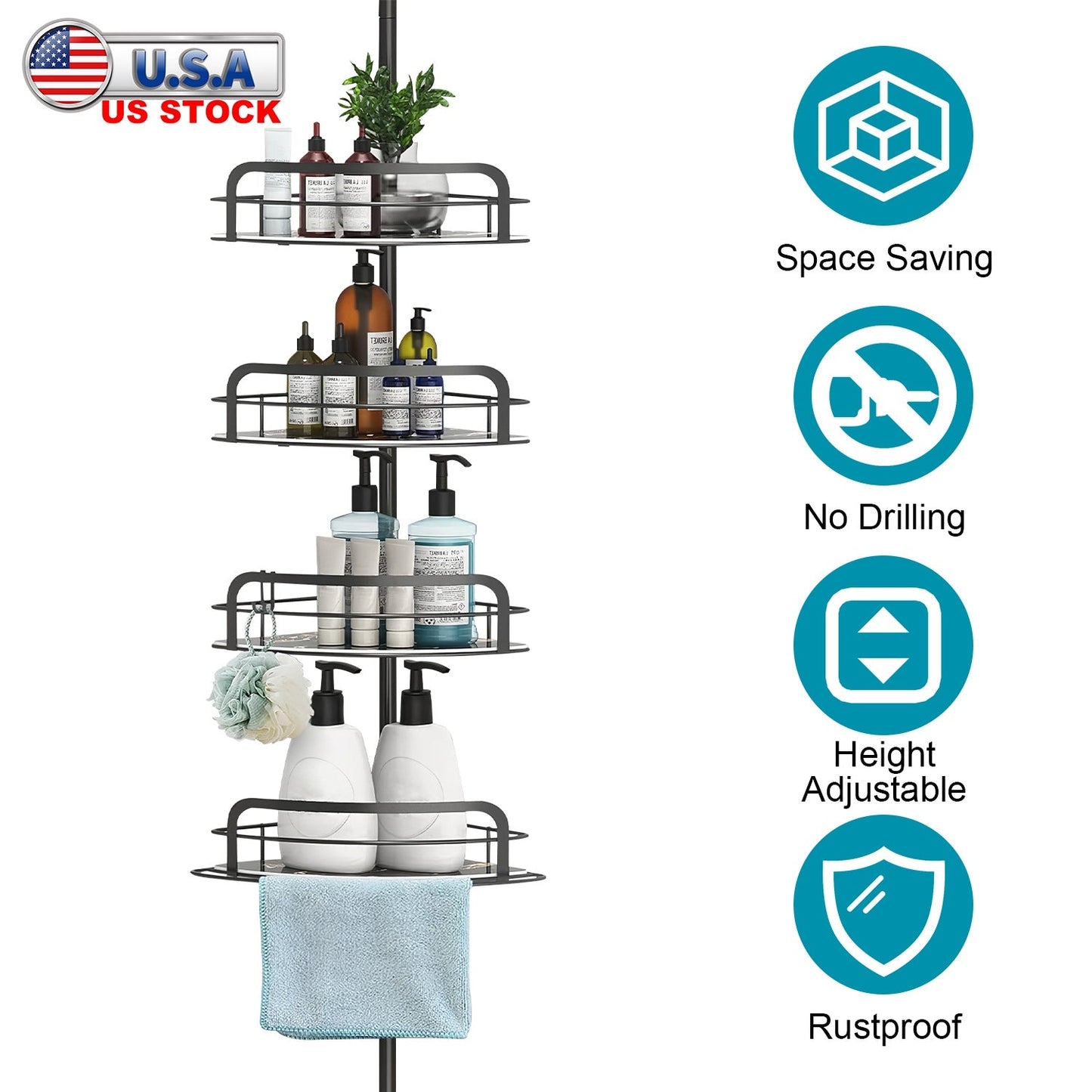 Rust-Resistant Corner Shower Caddy For Bathroom 4 Height Adjustable Shelves With Tension Pole Towel Bar Hanging Hook Floor Standing Bath Storage Rack