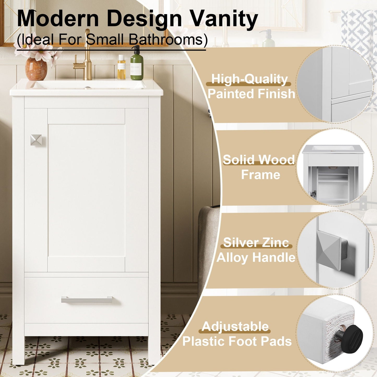Bathroom Vanity With Ceramic Sink, Soft Close Drawers, Door Organizer, Divider Drawer, Adjustable Foot Pads