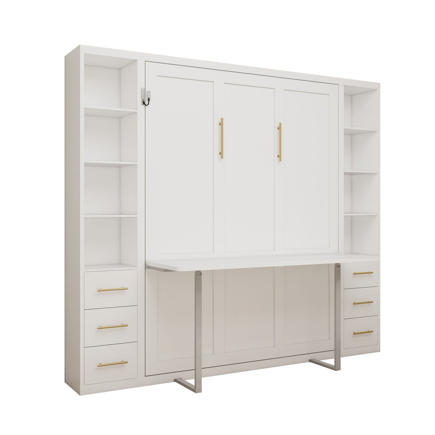 Queen Size Murphy Wall Bed With Side Storage Cabinets - White