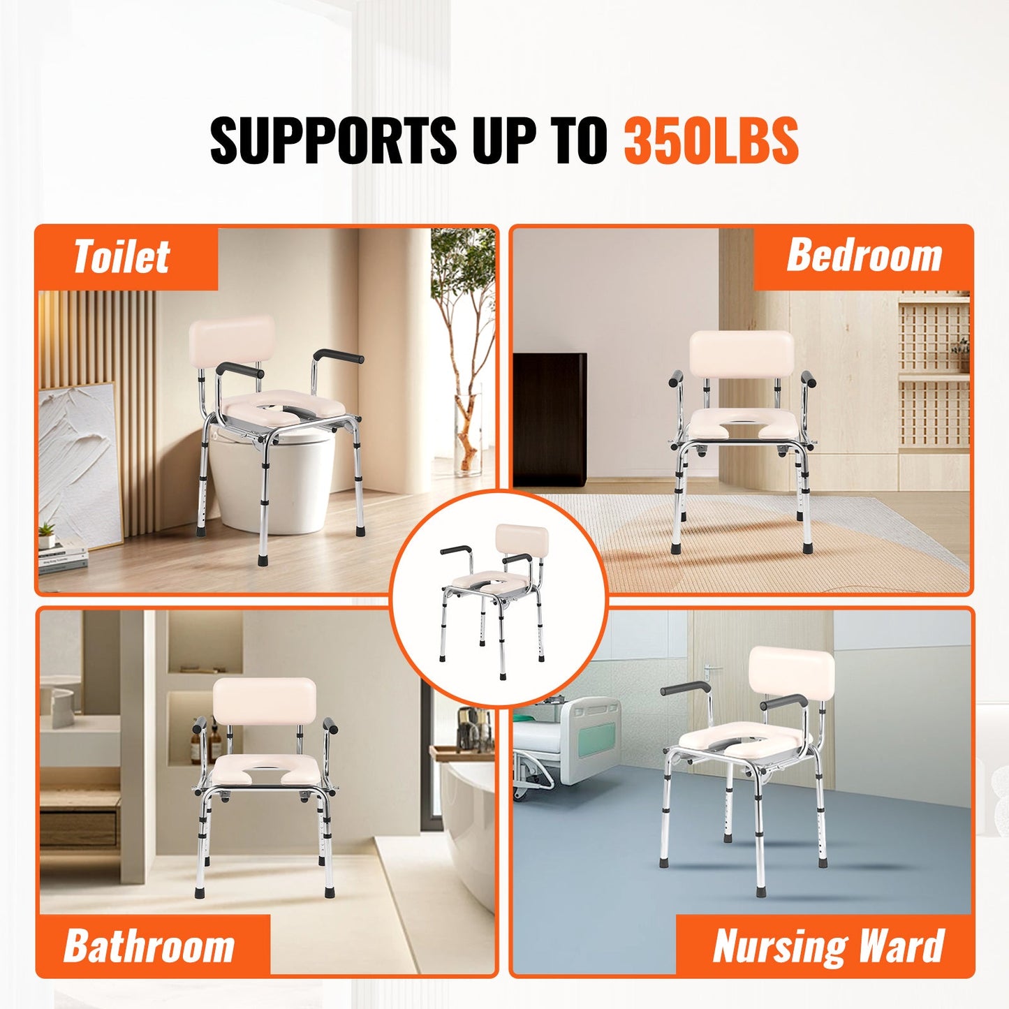 Commode Chair with Padded Seat and Adjustable Height