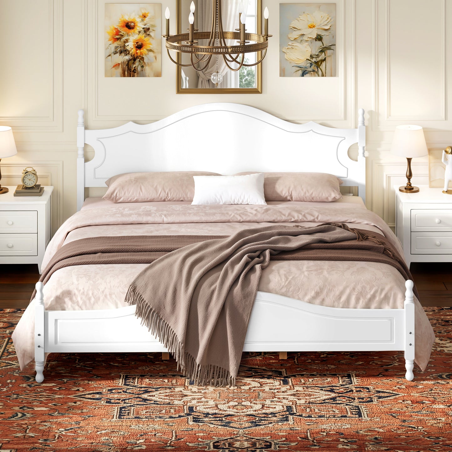 King Bed Frame with Headboard, Retro Style Wooden Platform Bed