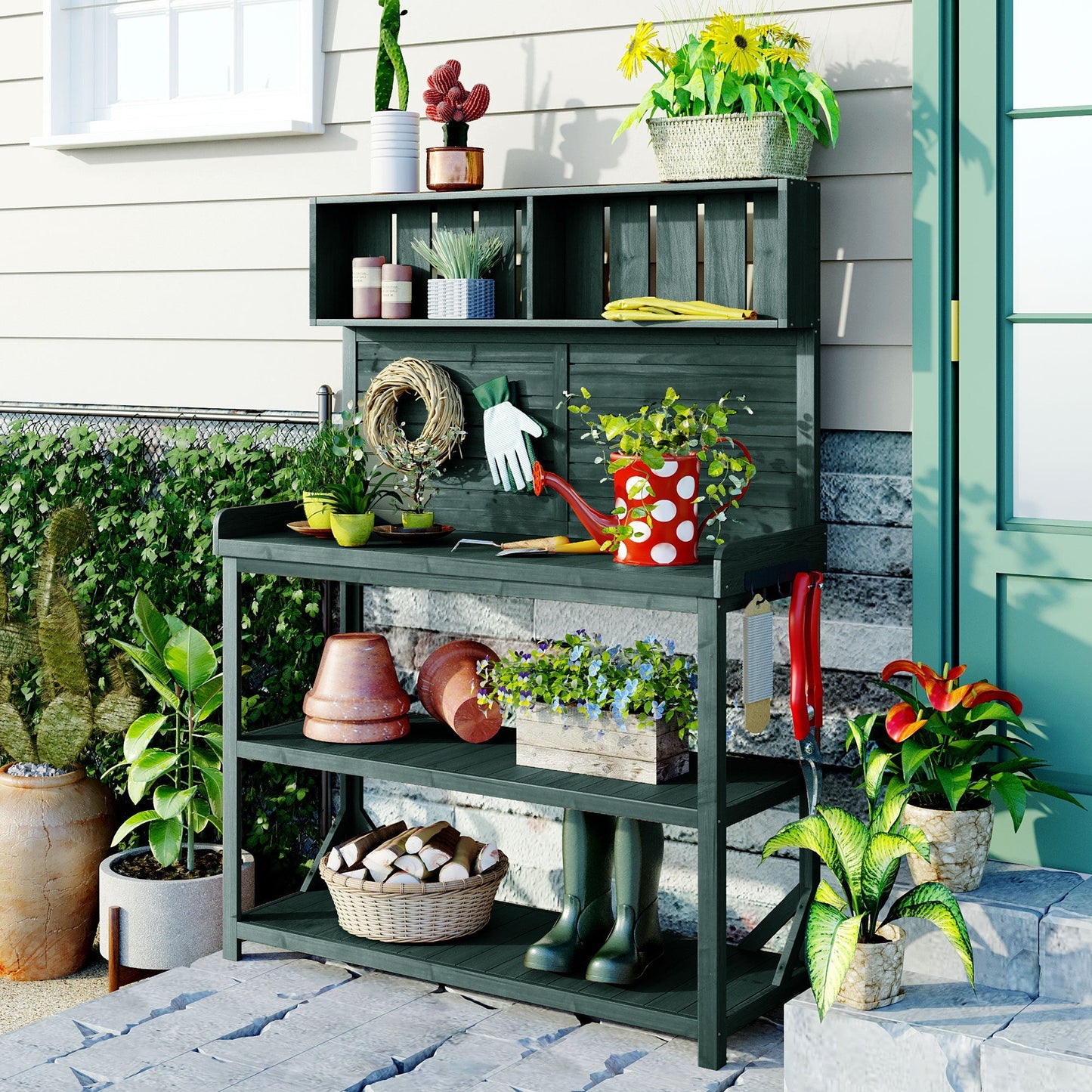 TOPMAX 65" Large Wooden Farmhouse Rustic Outdoor Potting Bench Table