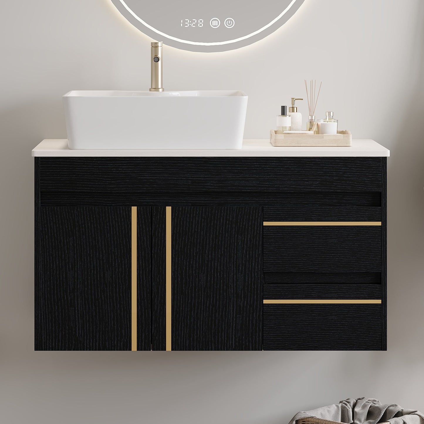 36" Wall-Mounted Bathroom Vanity with Vessel Ceramic Sink & Plywood Countertop