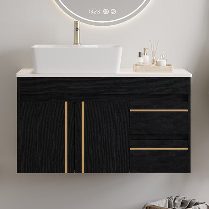 36" Wall-Mounted Bathroom Vanity with Vessel Ceramic Sink & Plywood Countertop