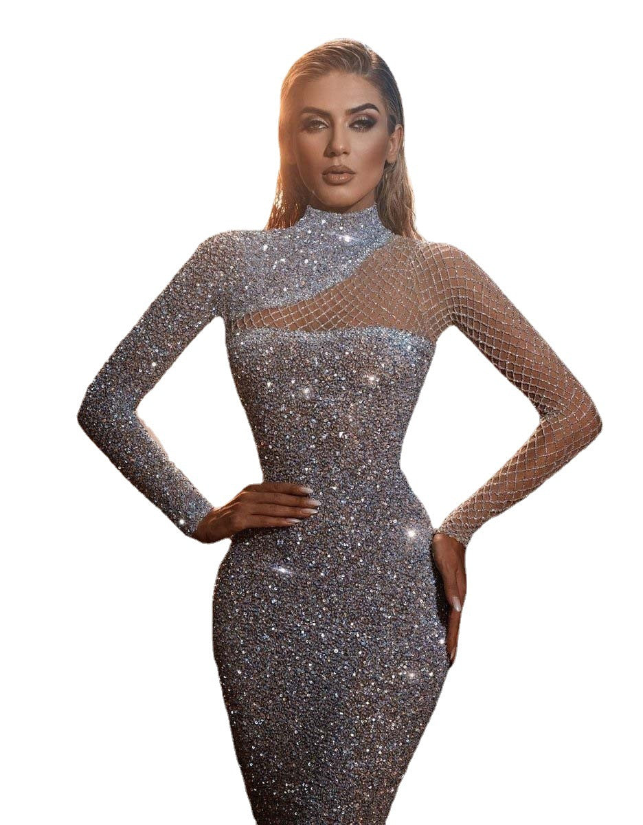 New Sparkling white Cut-out Off-the-shoulder S-shaped Sequin Dress for women