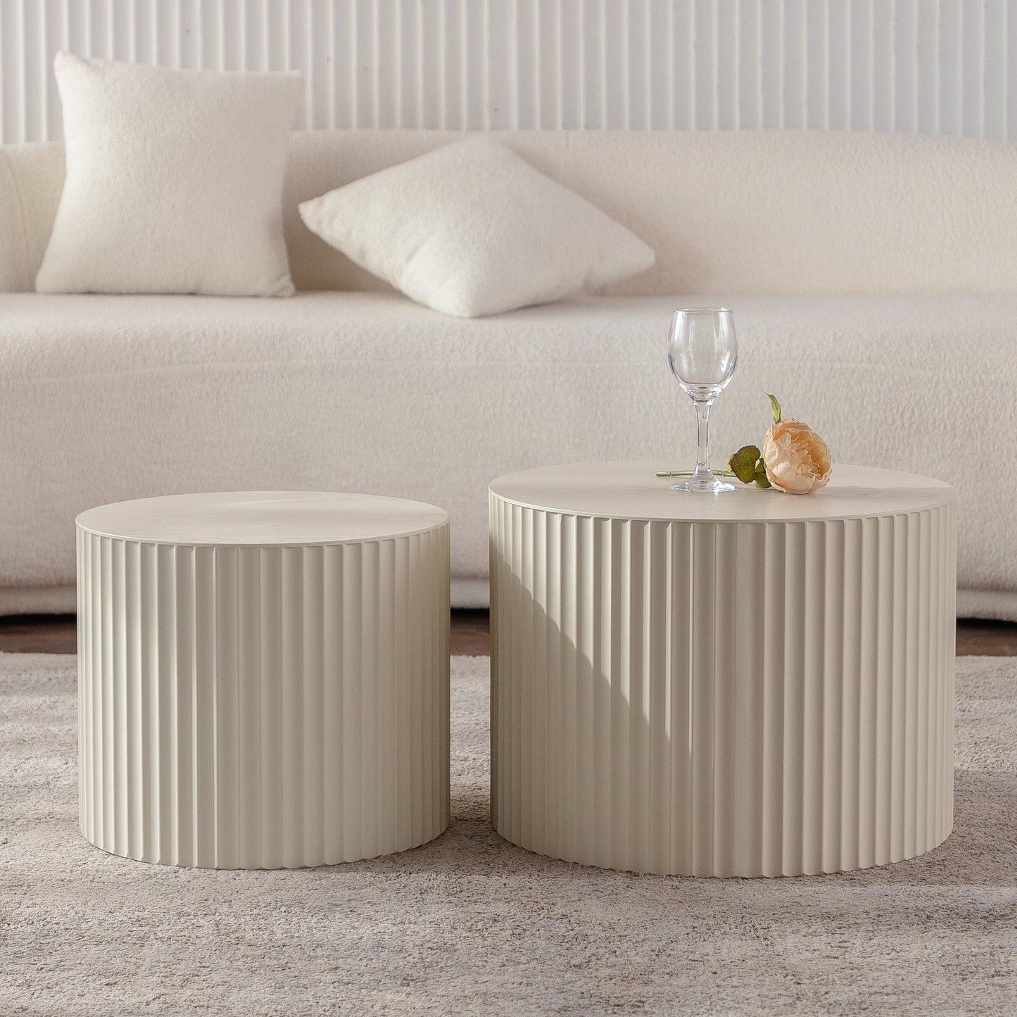 Beige Nesting Coffee Table Set of 2 Modern Drum Side Tables
