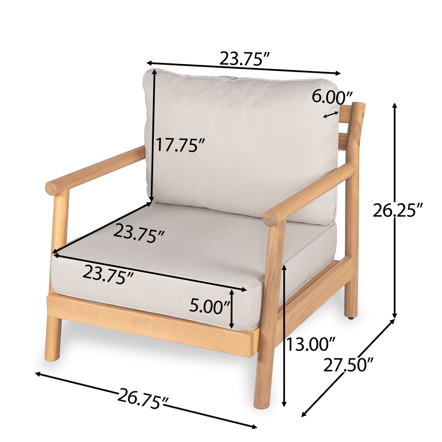 Patio Acacia Wood Chat Set, Club Chair + Coffee Table with Water-resistant Cushion