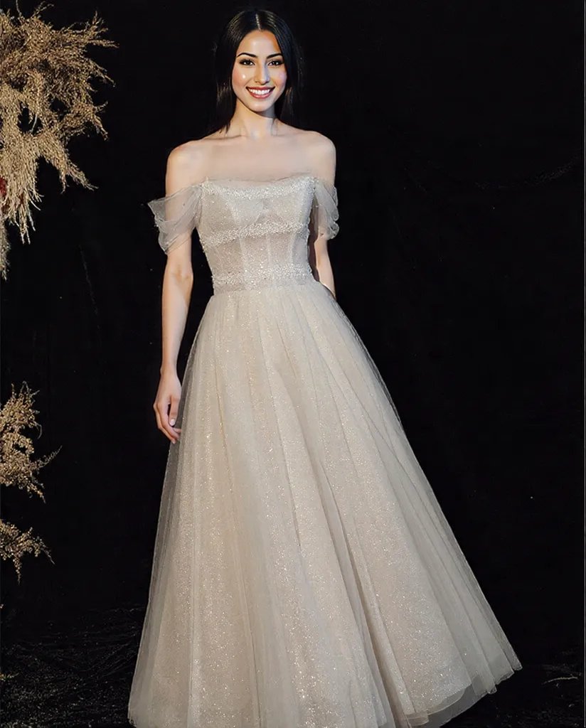 Soft champagne white gold grey  evening Dress Skirt Slim Off Shoulder