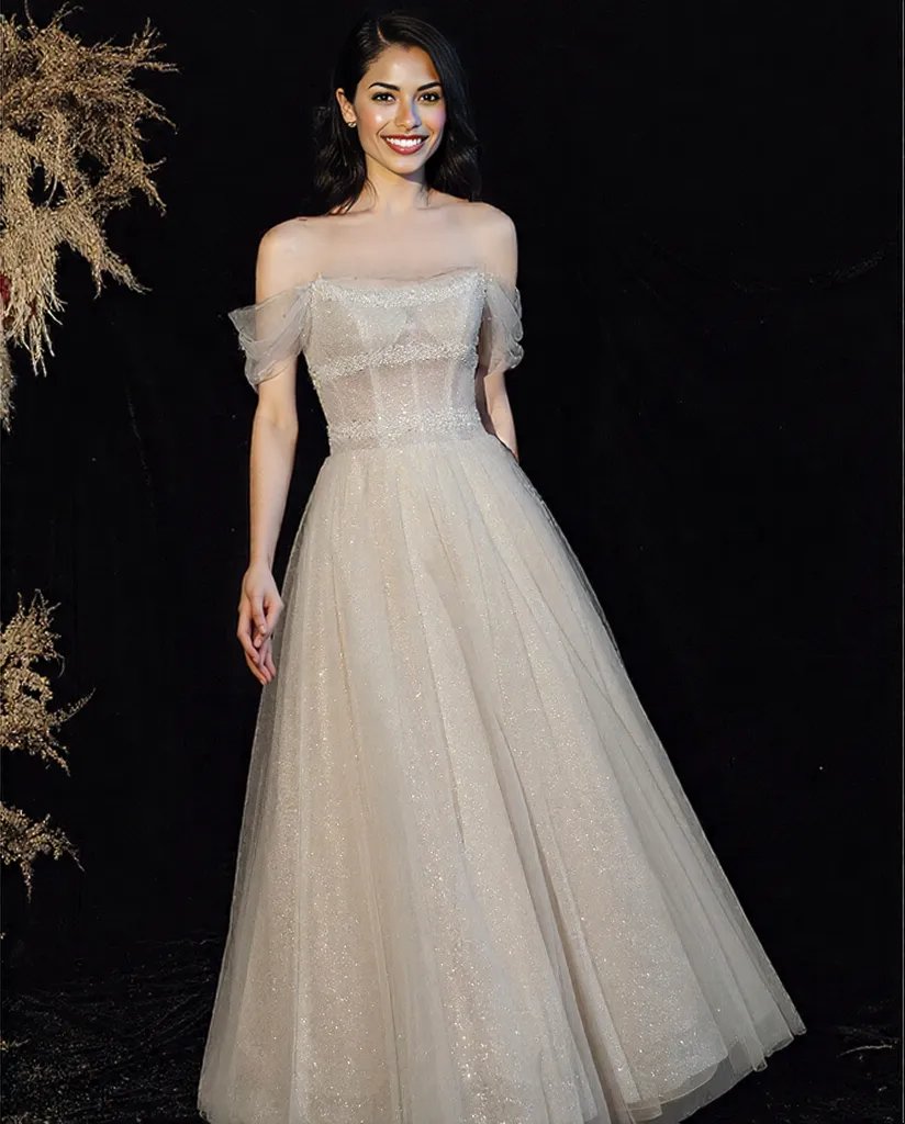 Soft champagne white gold grey  evening Dress Skirt Slim Off Shoulder