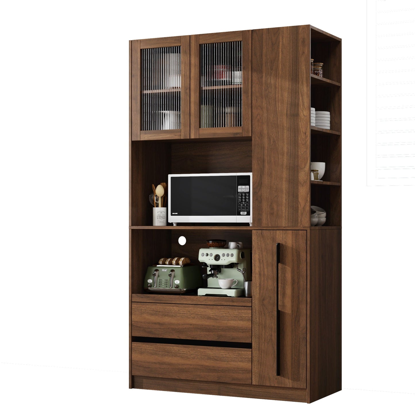Tall Kitchen Pantry Cabinet With 4 Tier Side Shelf, 2 Drawers, Freestanding Food Hutch With Microwave Stand For Dining Room - Walnut