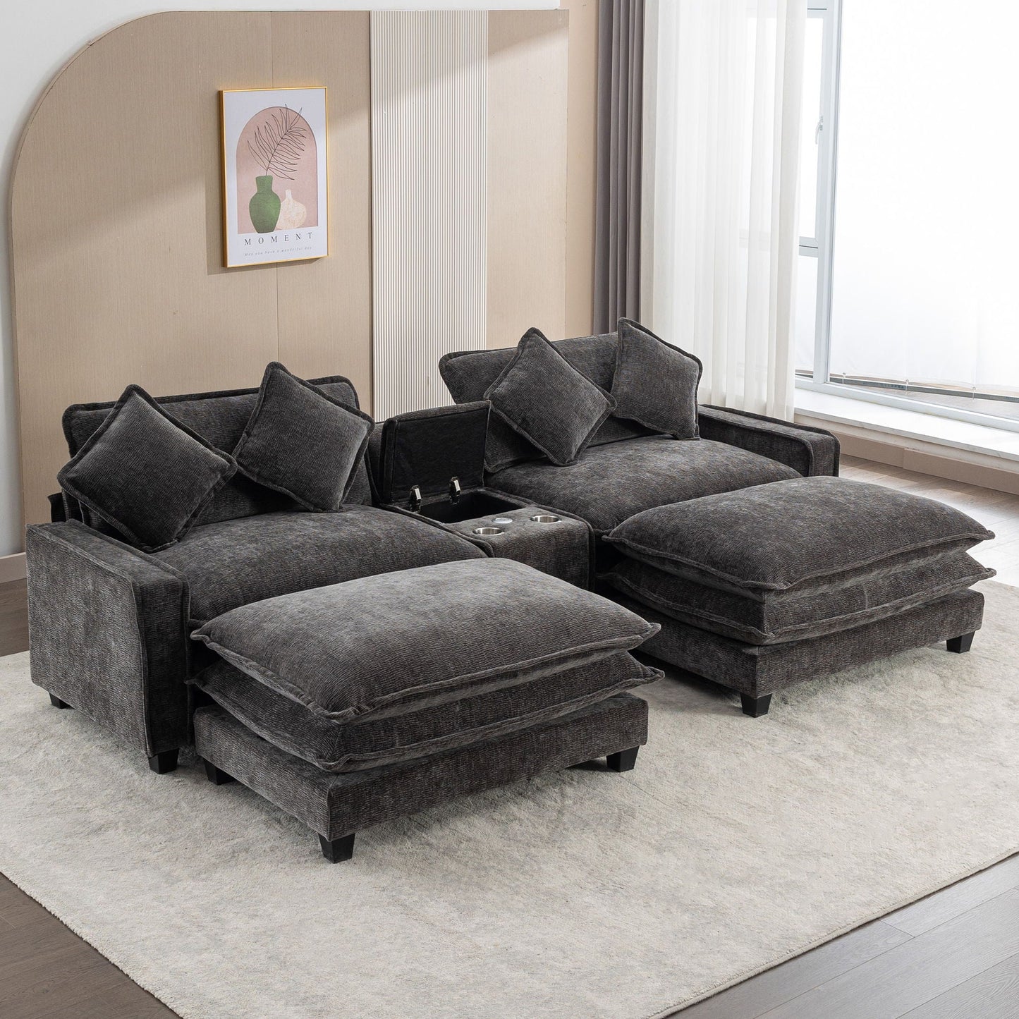 Modern Sectional Sofa With Removable Ottomans, USB Ports