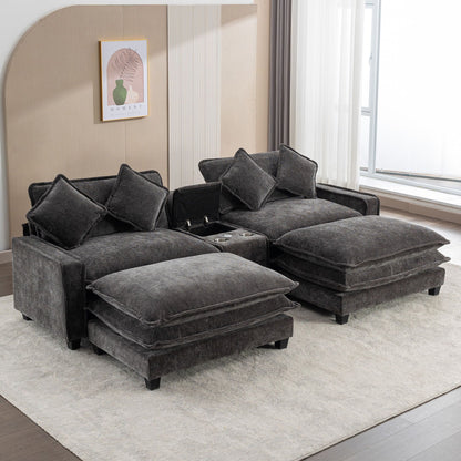 Modern Sectional Sofa With Removable Ottomans, USB Ports