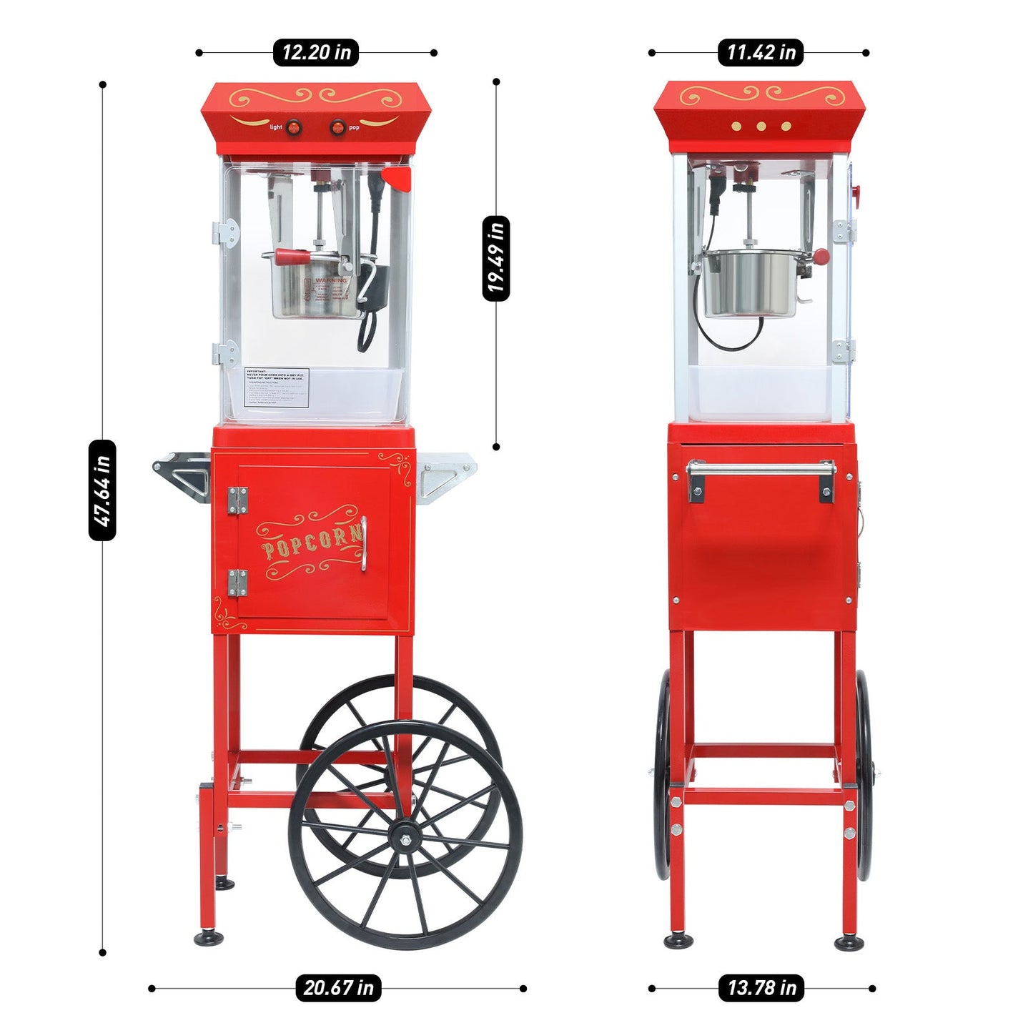 Popcorn Machine with Cart, 6 Oz Stainless Steel Pot