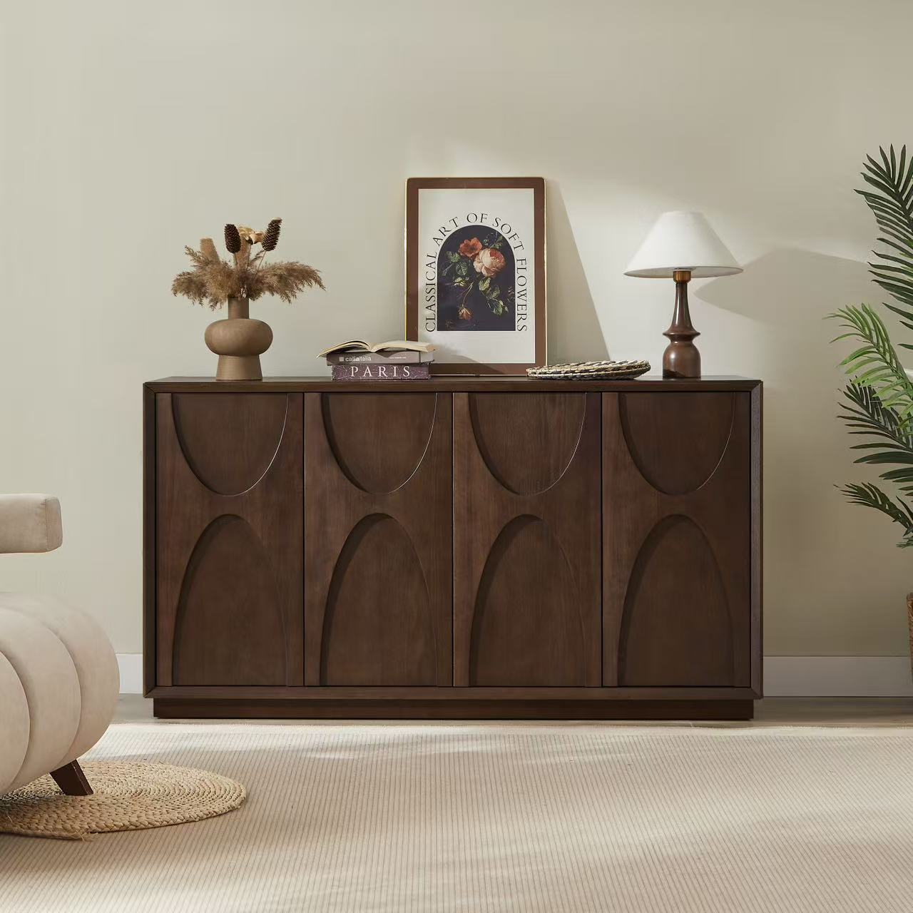 4 Door Accent Cabinet with Solid Wood Carved Doors